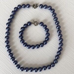 Stunning Large Blue Freshwater Cultured Pearl Necklace Bracelet Set Anniversary
